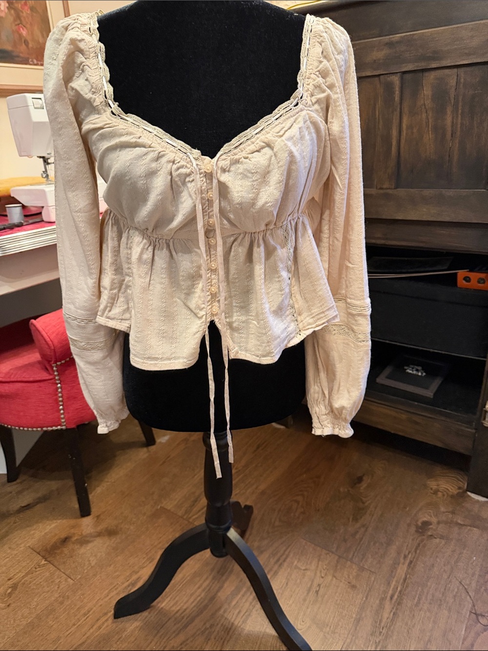 American Eagle Outfitters Cream Peasant Button-Front Blouse